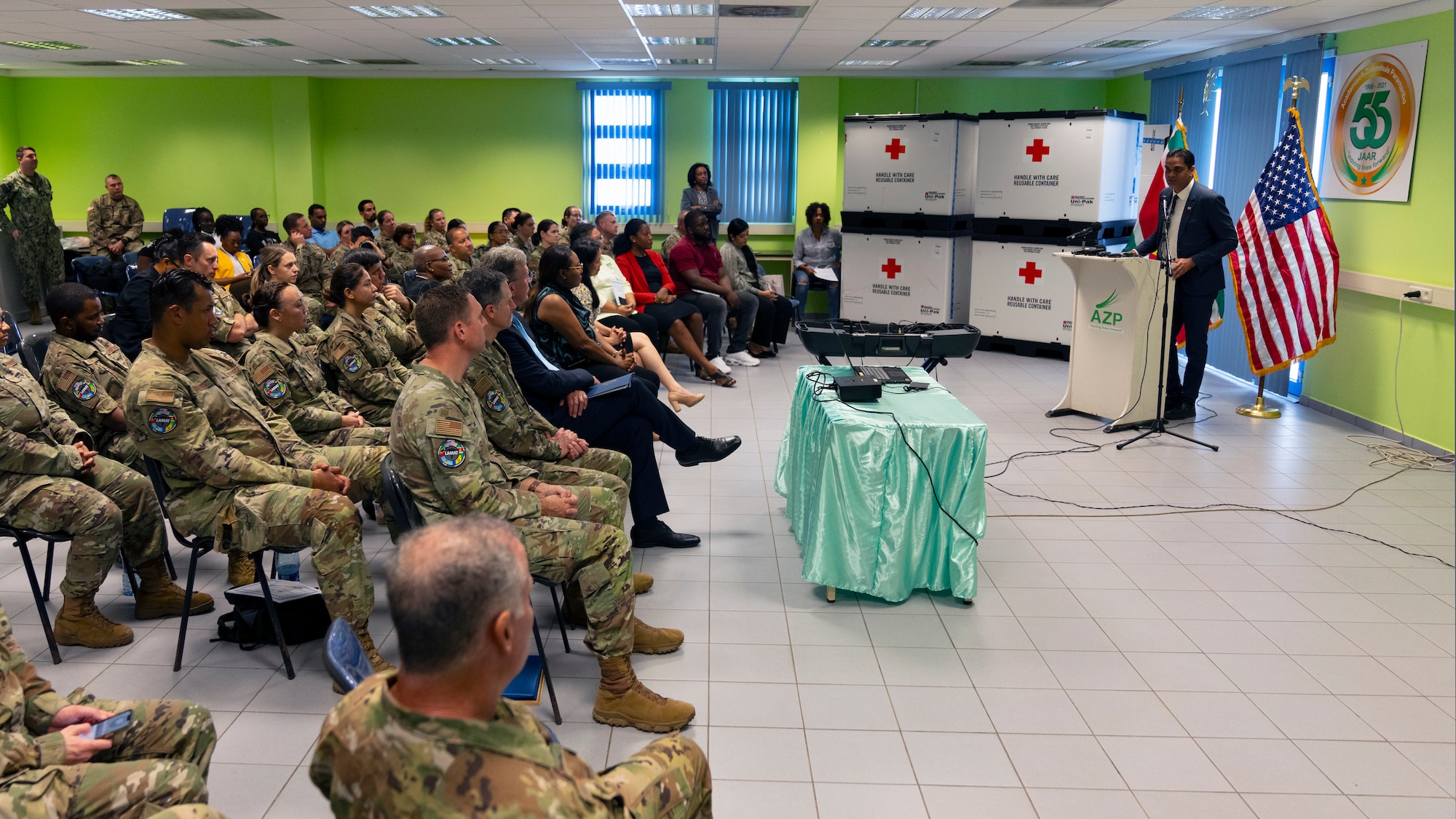 Dr. Amar Ramadhin, Suriname minister of health gives remarks during a closing ceremony for the Lesser Antilles Medical Assistance Team mission at the Academic Hospital in Suriname, Feb. 28, 2024. This was the second iteration of the LAMAT mission to Suriname, where ready-medics worked alongside partner nation military and civilian health teams to achieve mutual benefits and build trust in the region. (U.S. Air Force photo by Tech. Sgt. Rachel Maxwell)