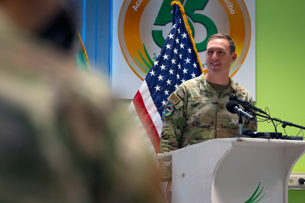 U.S. Air Force Col. Brian Neese, surgeon general for 12th Air Force (Air Forces Southern), gives remarks during a closing ceremony for the Lesser Antilles Medical Assistance Team mission at the Academic Hospital in Suriname, Feb. 28, 2024. The nearly two-week U.S. Southern Command backed operation helped approximately 1,500 patients and brought 159 hours of education and discussions through teaching seminars. (U.S. Air Force photo by Tech. Sgt. Rachel Maxwell)