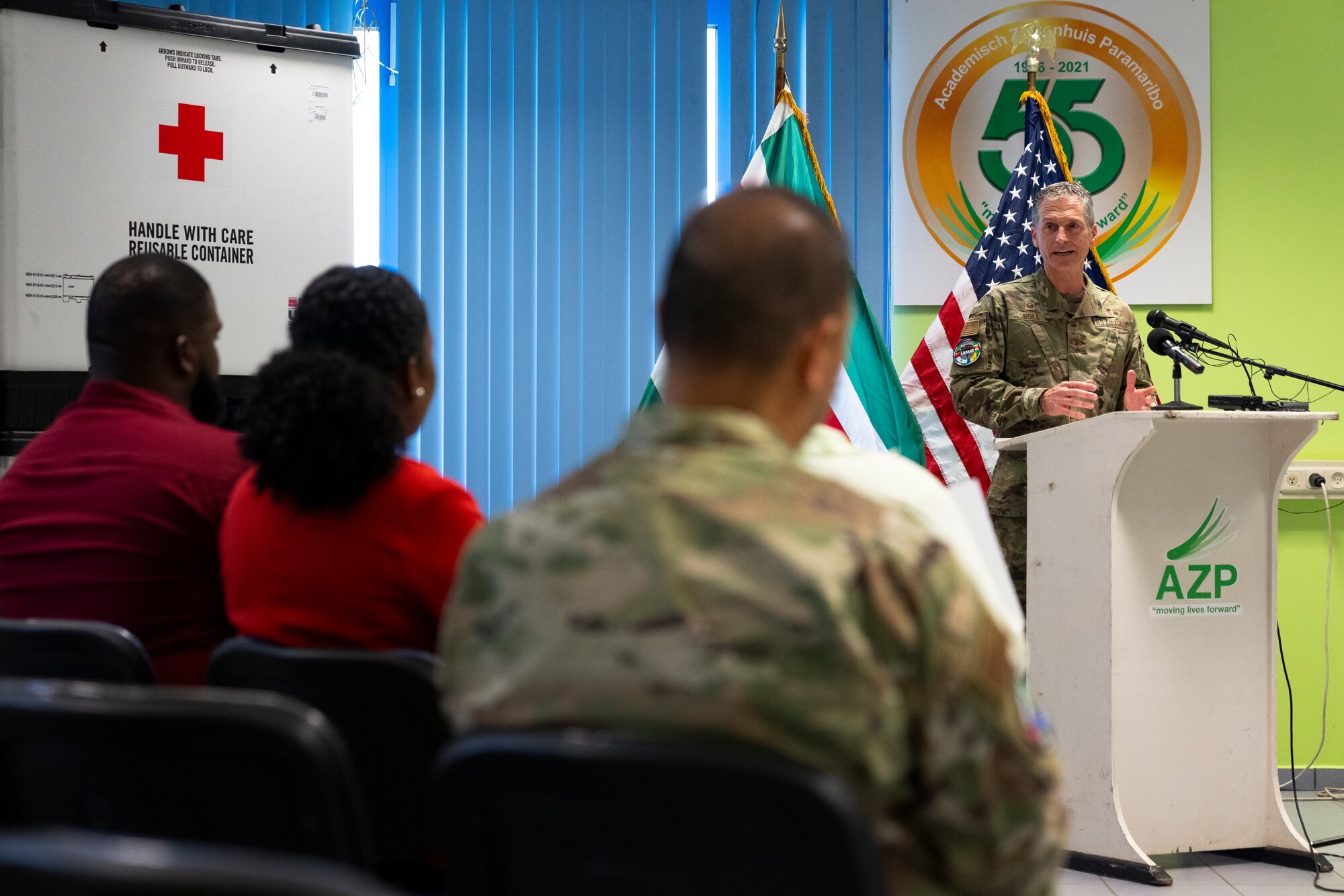 U.S. Air Force Col. Robert Noll, troop commander, gives remarks during a closing ceremony for the Lesser Antilles Medical Assistance Team mission at the Academic Hospital in Suriname, Feb. 28, 2024. The nearly two-week U.S. Southern Command backed operation helped approximately 1,500 patients and brought 159 hours of education and discussions through teaching seminars. (U.S. Air Force photo by Tech. Sgt. Rachel Maxwell)