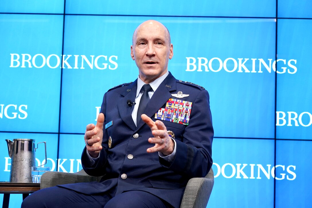 : U.S. Air Force Chief of Staff Gen. David Allvin speaks to audience members at The Brookings Institution, Washington, D.C., Feb. 28, 2024. Allvin participated in a conversation with the Strobe Talbott Center for Security, Strategy, and Technology at Brookings on the Air Force’s plans for reoptimization in an era of great power competition. (Courtesy photo / Ralph Alswang)