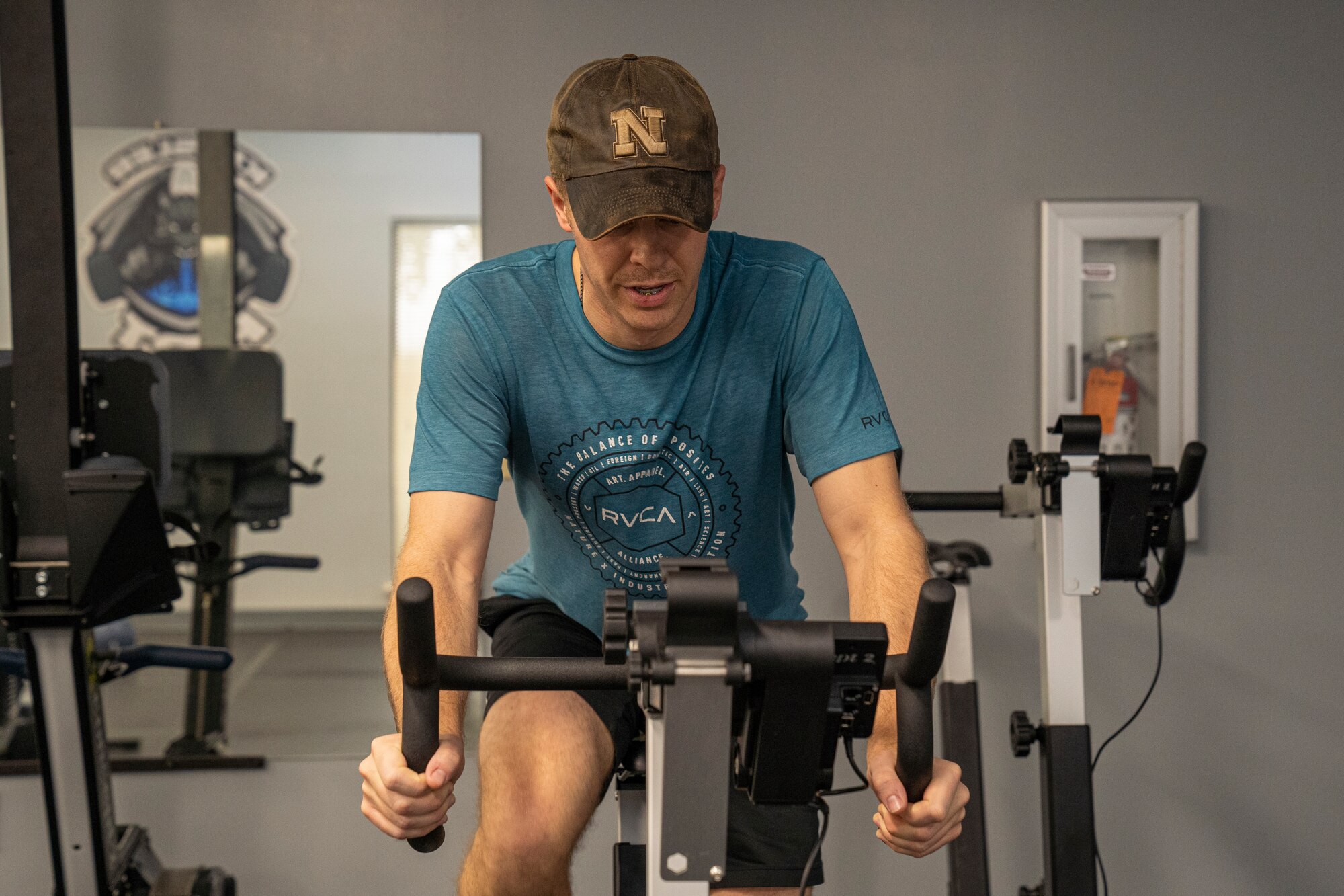 U.S. Air Force Tech. Sgt. Mitchell Miller, 334th Training Squadron military training leader, uses the cycling machine at the Human Performance building on Keesler Air Force Base, Mississippi, Jan. 25, 2024.