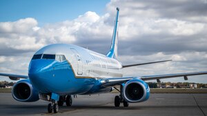 A C-40C, from the 932nd Airlift Wing, sits on the ramp at Scott Air Force Base on Oct. 27, 2023. The 932nd AW flies the C-40C in support of global executive airlift missions. (U.S. Air Force photo by Christopher Parr)