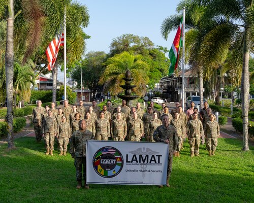 U.S. Air Force active duty and reserve personnel stand in formation for a group photo during the Lesser Antilles Medical Assistance Team mission in Suriname, Feb. 18, 2024. USAF medical professionals regularly deploy to Latin America and the Caribbean to work alongside partner nation military and civilian health teams as part of the Department of Defense’s Global Health Engagement initiative, an effort to achieve mutual benefits and build trust in the region. (U.S. Air Force photo by Tech. Sgt. Rachel Maxwell)