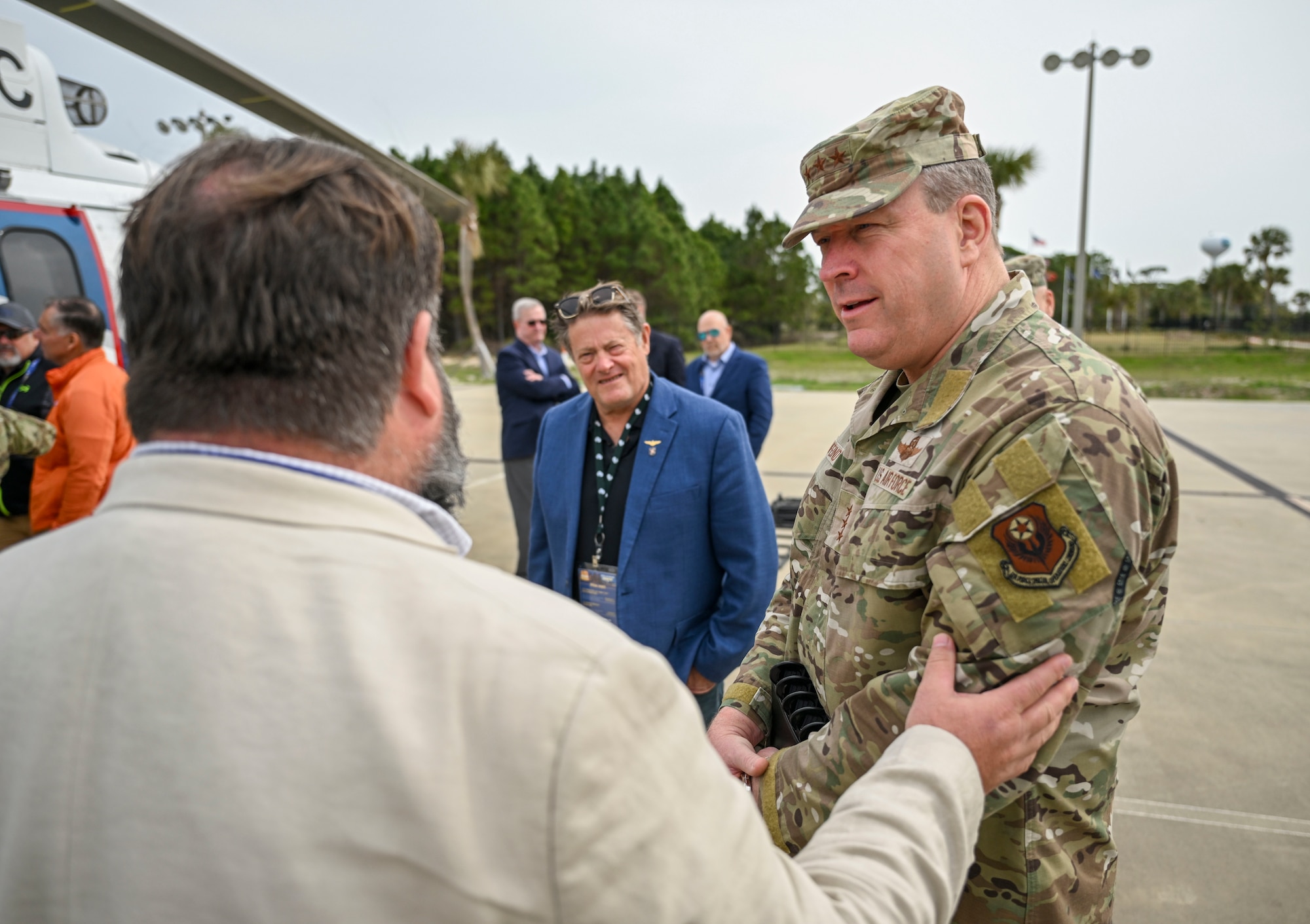 U.S. Air Force Lt. Gen. Tony Bauernfeind, commander of Air Force Special Operations Command, speaks with SOF industry partners participating in the 2024 Special Air Warfare Symposium expo at Fort Walton Beach, Fla., Feb. 28, 2024. AFSOC co-sponsored SAWS with the Global SOF Foundation to further partnerships and relationships in a collaborative setting. (U.S. Air Force photo by Staff Sgt. Caleb Pavao)
