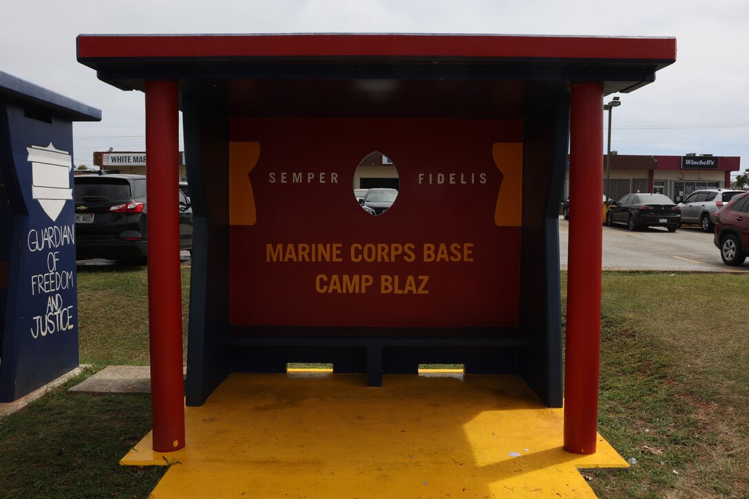 U.S. Marines with Marine Corps Base (MCB) Camp Blaz revisited a bus stop originally painted in 2021 to revitalize its color and design Dededo, Guam, Feb. 5, 2024. MCB Camp Blaz partnered with the Dededo Mayor’s Office to touch up the bus stop across from its current home on NCTS Guam as one of its island beautification Projects. Community service and volunteer events allow service members to build and foster relationships with the community while also giving back to it. (U.S. Marine Corps photo by LCpl. Ryan Little)