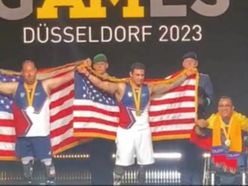 Courtesy Photo | (Photo courtesy Margaret Smith) Ret. Army Sgt. Jason Smith wins gold, in men’s rowing for Team U.S., at the 2023 Invictus Games in Düsseldorf Germany.