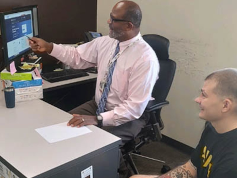 Courtesy Photo | (Photo courtesy James Malone) Lead Recovery Care Coordinator James Malone assisting Staff Sgt. William Stropatterson with retirement benefits at Fort Cavazos Texas.