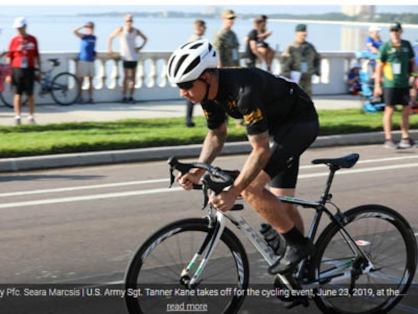 Photo By Pfc. Seara Marcsis | U.S. Army Sgt. Tanner Kane takes off for the cycling event, June 23, 2019, at the timed cycling competition during the 2019 Department of Defense Warrior Games. The DoD Warrior Games are conducted June 21 - 30, hosted by Special Operations Command, Tampa, Florida. It is an adaptive sports competition for wounded, ill and injured service members and veterans. Approximately 300 athletes representing teams from the Army, Marine Corps, Navy, Air Force, Special Operations Command, United Kingdom Armed Forces, Australian Defence Force, Canadian Armed Forces, Armed Forces of the Netherlands, and the Danish Armed Forces will compete in archery, cycling, shooting, sitting volleyball, swimming, track, field, wheelchair basketball, indoor rowing, powerlifting, and for the first time in Warrior Games history, golf, wheelchair tennis, and wheelchair rugby. (U.S. Army photo by Spc. Seara Marcsis)