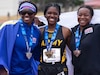 Photo By Spc. Robert Regan | U.S. Air Force Staff Sgt. Roschell Brown, left, U.S. Army Spc. Davona Jones, center, and Staff Sgt. Jewel Lewis, right, celebrate together at the track medal ceremony during the DoD Warrior Games Challenge, Naval Air Station North Island in San Deigo, California, June 6, 2023. More than 200 wounded, ill, or injured warrior athletes representing the U.S. Army, Marine Corps, Navy, Air Force, and Special Operations Command are competing in 11 adaptive sports including archery, track and field, swimming, rowing, shooting, powerlifting, cycling, wheelchair basketball, sitting volleyball, and wheelchair rugby. (U.S. Army photo by Spc. Robert Regan)