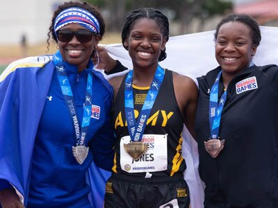 Photo By Spc. Robert Regan | U.S. Air Force Staff Sgt. Roschell Brown, left, U.S. Army Spc. Davona Jones, center, and Staff Sgt. Jewel Lewis, right, celebrate together at the track medal ceremony during the DoD Warrior Games Challenge, Naval Air Station North Island in San Deigo, California, June 6, 2023. More than 200 wounded, ill, or injured warrior athletes representing the U.S. Army, Marine Corps, Navy, Air Force, and Special Operations Command are competing in 11 adaptive sports including archery, track and field, swimming, rowing, shooting, powerlifting, cycling, wheelchair basketball, sitting volleyball, and wheelchair rugby. (U.S. Army photo by Spc. Robert Regan)