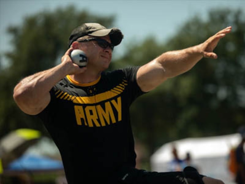 Photo By Staff Sgt. Michael Loggins | U.S. Army retired Sgt. 1st Class Joshua Olson participates in seated shot put during the field competition, June 23, 2019 at the University of South Florida, during the 2019 Department of Defense Warrior Games in Tampa, Florida. Approximately 300 athletes representing teams from the Army, Marine Corps, Navy, Air Force, Special Operations Command, United Kingdom Armed Forces, Australian Defence Force, Canadian Armed Forces, Armed Forces of the Netherlands, and the Danish Armed Forces are participating in 13 events throughout the competition. (U.S. Army photo by Staff Sgt. Michael Loggins)