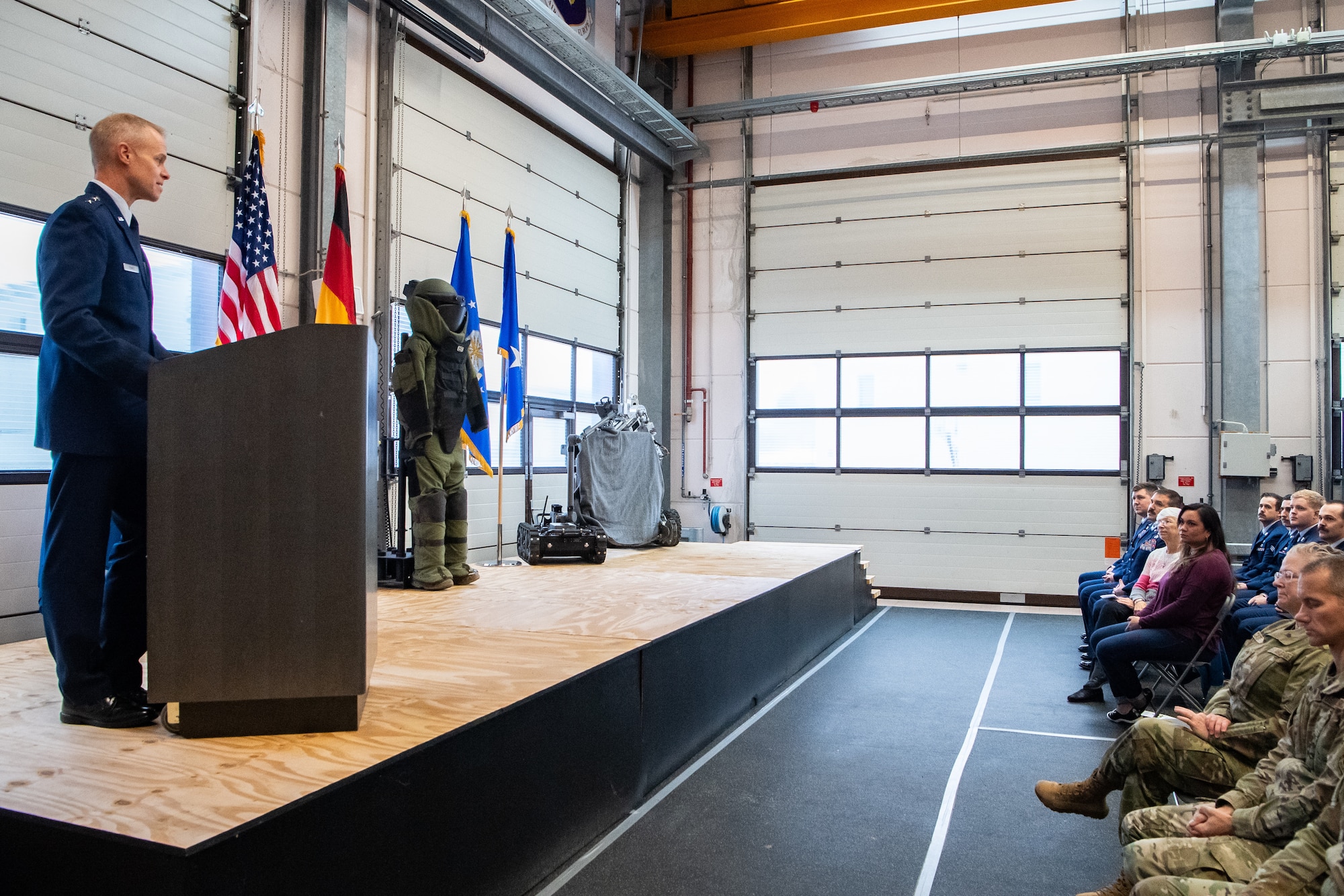 A display committed to the memory of U.S. Air Force Staff Sgt. Joseph J. Hamski greets visitors entering the 52nd Civil Engineer Squadron Explosive Ordnance Disposal flight facility at Spangdahlem Air Base, Germany, Dec. 1, 2023. The facility is dedicated to Hamski, an EOD technician who was assigned to Spangdahlem AB when he was killed in action in May 2011. (U.S. Air Force photo by Staff Sgt. Max J. Daigle)