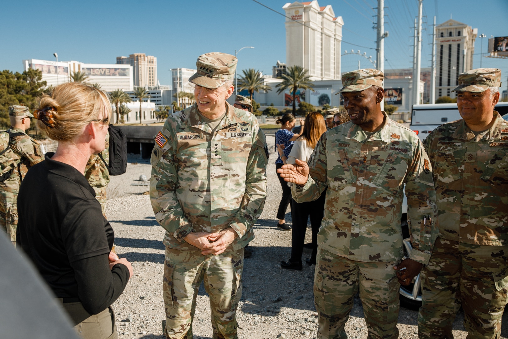 Gen. Daniel Hokanson, chief of the National Guard Bureau, and Maj. Gen. Ondra Berry, the adjutant general of the Nevada National Guard, visit local law enforcement and the 92nd Civil Support Team in Las Vegas Dec. 30, 2023. (Tonal adjustments were used to enhance subjects)