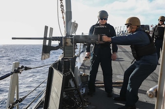 Sailors aboard USS Thomas Hudner (DDG 116) conduct crew-served weapons training in the Atlantic Ocean.