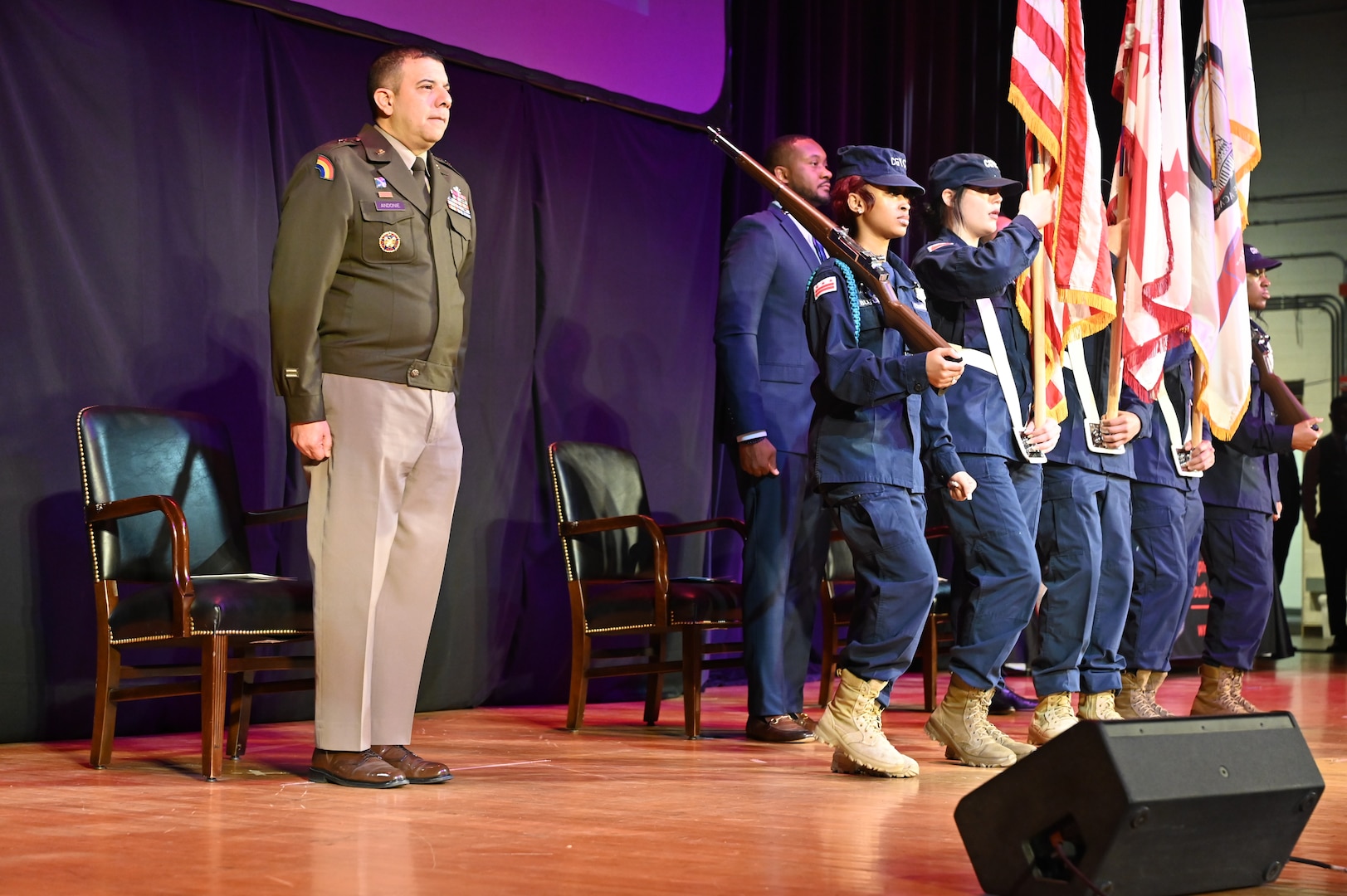 Cadets of the Capital Guardian Youth Challenge Academy Class 61 receive their diplomas upon completion of a 22 week long “quasi-military" course, during a residential phase commencement ceremony at the University of the District of Columbia, Dec. 29, 2023. Since 2013, the mission of the program is to intervene in and reclaim the lives of at-risk youth, and produce program graduates with the values, skills, education, and self-discipline necessary to succeed as adults.