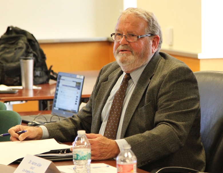 Dusty Williams, technical adviser with the National Association of Flood and Stormwater Management Agencies, participates in a discussion Nov. 30 during the 2023 Seven County Flood-Control Directors Meeting at the Corps’ LA District headquarters in downtown LA.