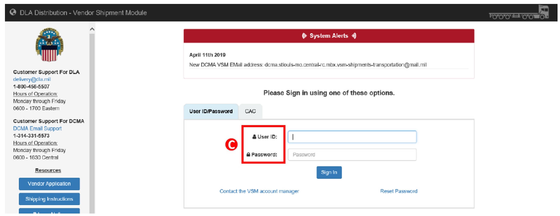 Log into Vendor Shipment Module by entering User ID and Password. Please see adjacent text or context for equivalent information of image.