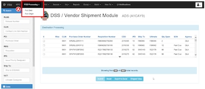Once logged into Vendor Shipment Module select either FOB Destination or Origin Processing to then see associated contracts for viewing. Please see adjacent text or context for equivalent information of image.