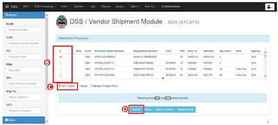 Confirm which contracts in Vendor Shipment Module need a Military Shipping Label, select the Item Labels radio button and submit information. Please see adjacent text or context for equivalent information of image.