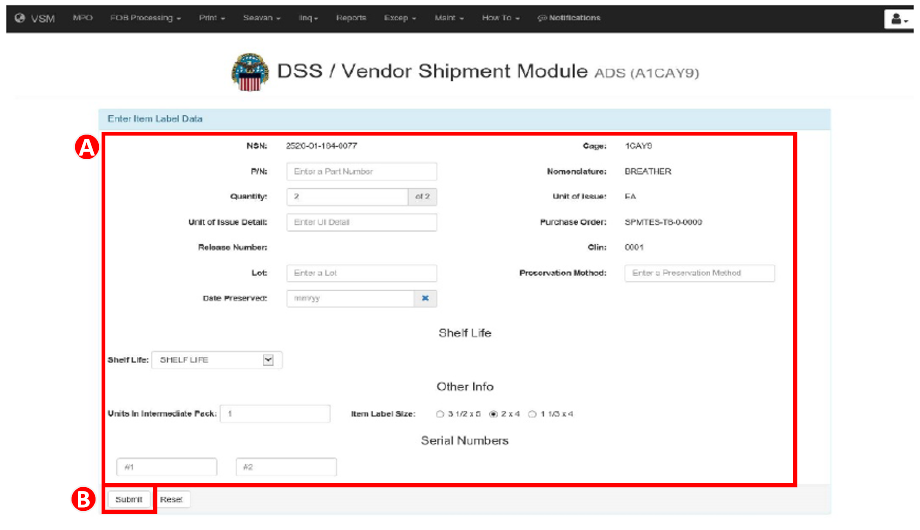 Entering Item Label data into Vendor Shipment Module to populate on Military Shipment Label. Please see adjacent text or context for equivalent information of image.