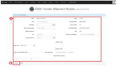 Entering Item Label data into Vendor Shipment Module to populate on Military Shipment Label. Please see adjacent text or context for equivalent information of image.