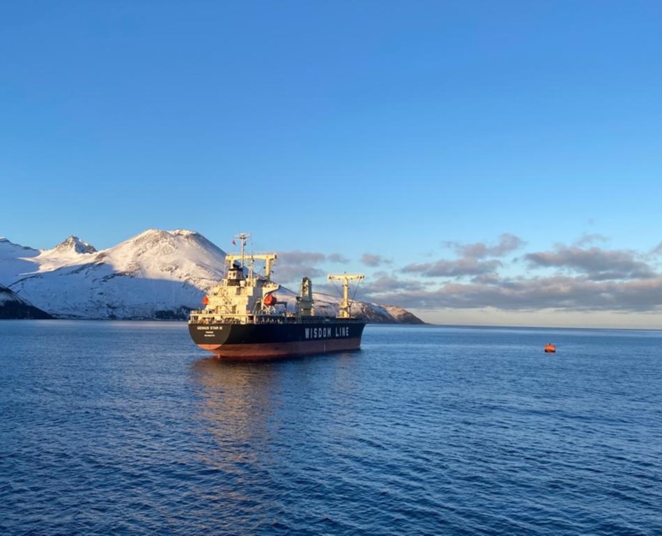 Response personnel utilized the Emergency Towing System aboard M/V Genius Star XI to connect to the mooring ball in Broad Bay, near Dutch Harbor, Alaska, Jan. 1, 2024. The M/V Genius Star XI remains stable. Assessment teams report air quality remains normal and there is no indication of heat in or around the cargo holds. Courtesy photo.