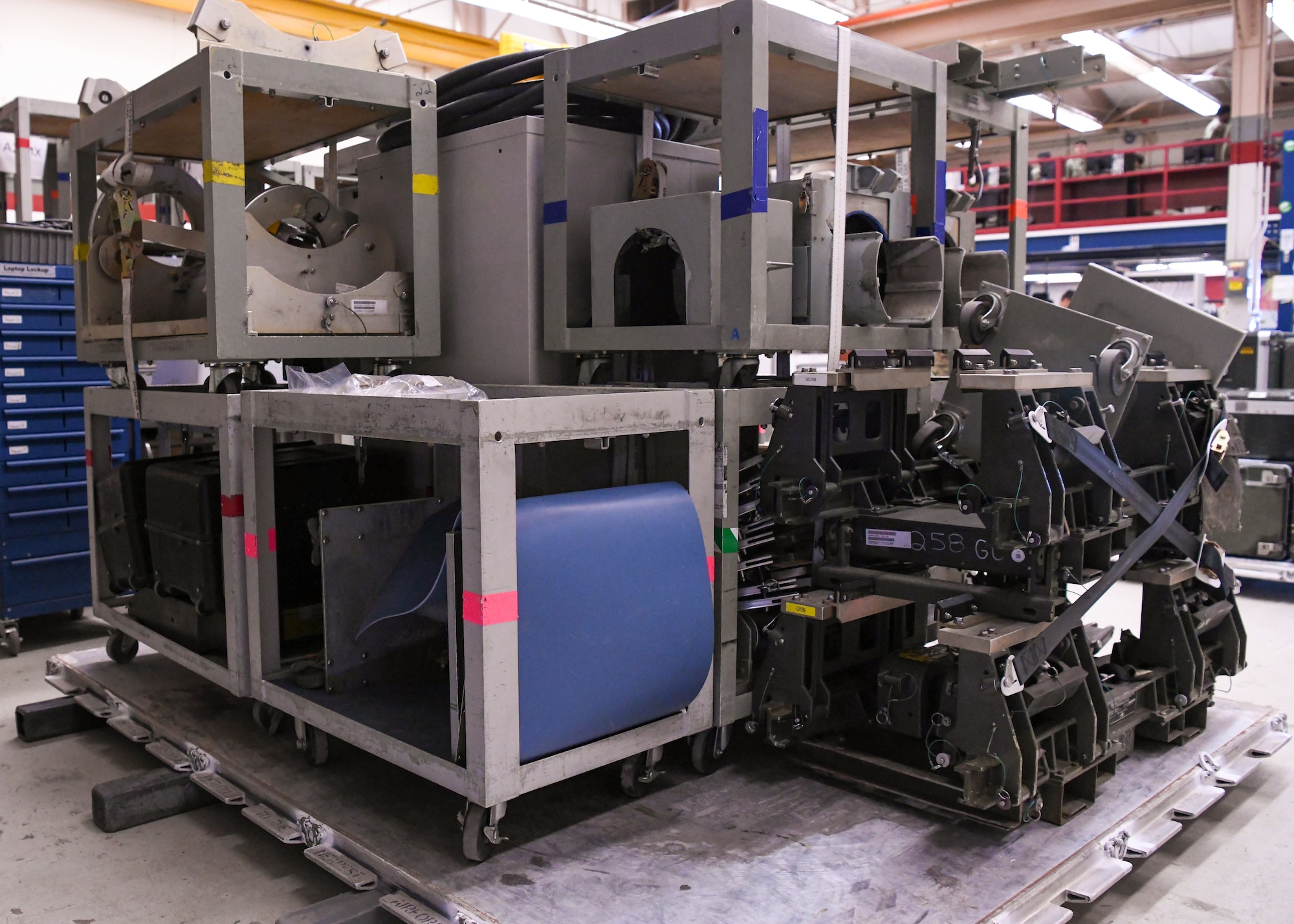 Gear sits on a pallet of gear.