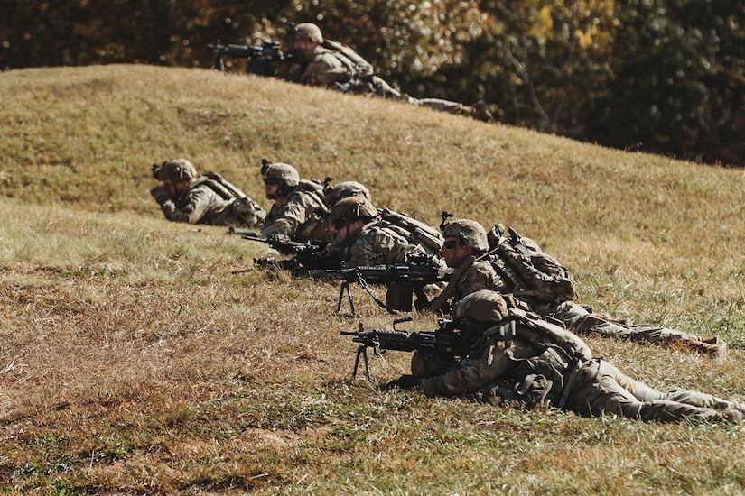 U.S. Soldiers with Bravo Company, 1st Battalion, 112th Infantry Regiment, 56th Stryker Brigade Combat Team perform a platoon maneuver exercise at Fort Barfoot, Virginia, Oct. 25, 2023. (U.S. Army National Guard photo by Staff Sgt. Jonathan Campbell)