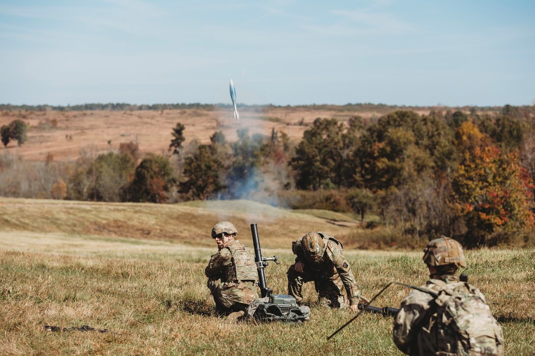 U.S. Soldiers with Bravo Company, 1st Battalion, 112th Infantry Regiment, 56th Stryker Brigade Combat Team perform a platoon maneuver exercise at Fort Barfoot, Virginia, Oct. 25, 2023. (U.S. Army National Guard photo by Staff Sgt. Jonathan Campbell)