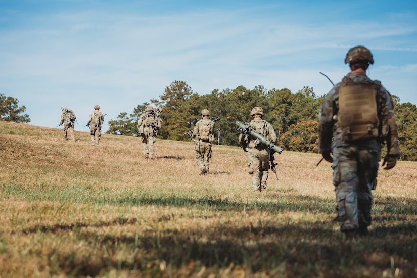 U.S. Soldiers with Bravo Company, 1st Battalion, 112th Infantry Regiment, 56th Stryker Brigade Combat Team perform a platoon maneuver exercise at Fort Barfoot, Virginia, Oct. 25, 2023. (U.S. Army National Guard photo by Staff Sgt. Jonathan Campbell)