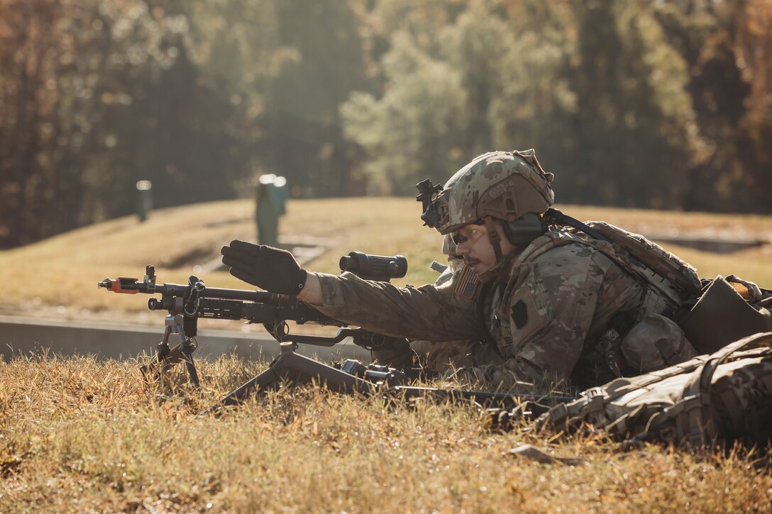 U.S. Soldiers with Bravo Company, 1st Battalion, 112th Infantry Regiment, 56th Stryker Brigade Combat Team perform a platoon maneuver exercise at Fort Barfoot, Virginia, Oct. 25, 2023. (U.S. Army National Guard photo by Staff Sgt. Jonathan Campbell)