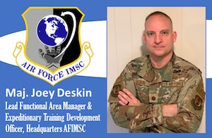 graphic with AFIMSC shield and photo of Deskin in uniform