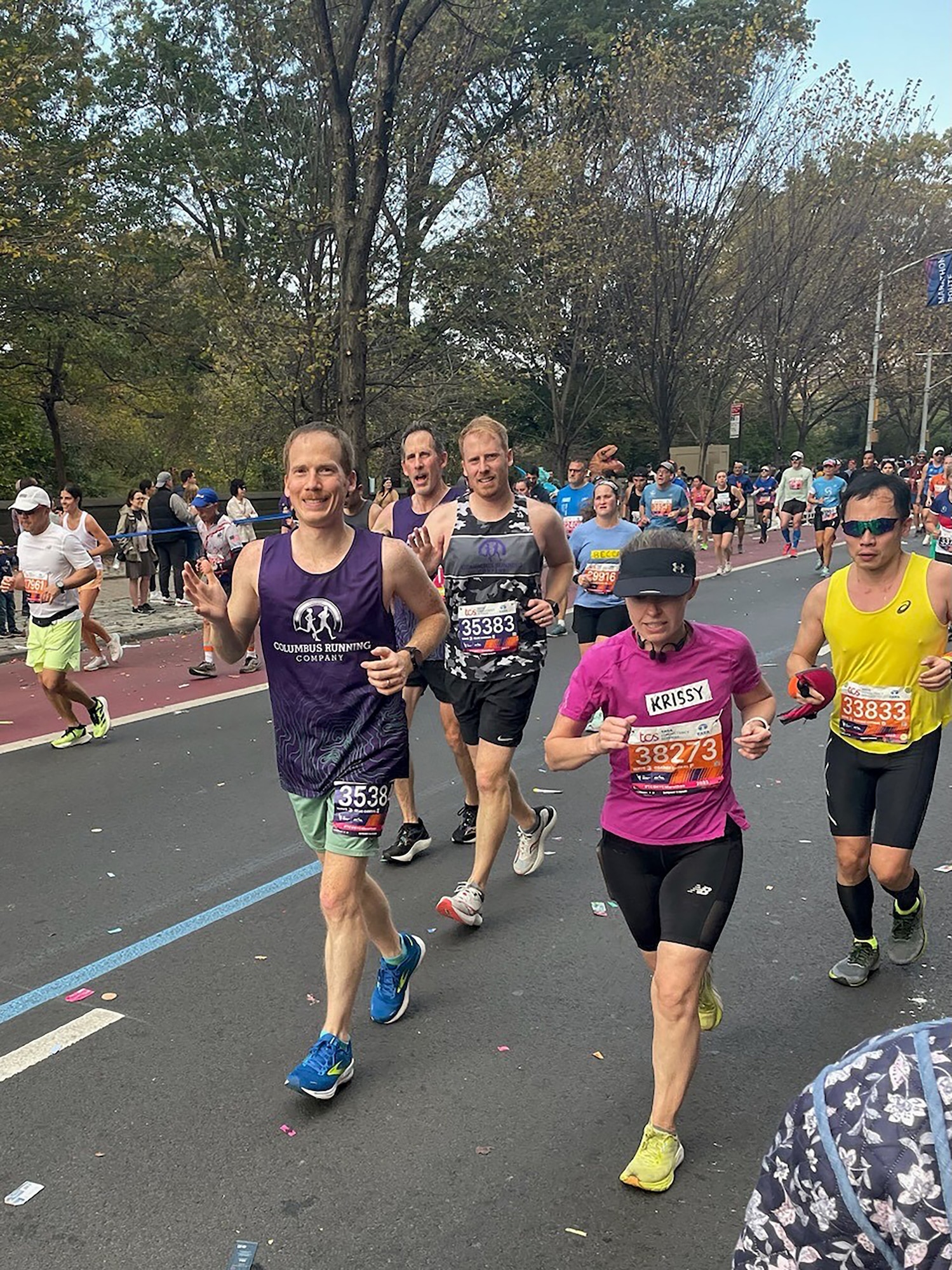 Capt. Daniel Shields (left), 445th Aeromedical Staging Squadron flight surgeon, runs in the New York City Marathon on Nov. 5, 2023. Capt. Shields finished the 26.2 mile race in 4:37:33. Since its inception in 1970, the NYC Marathon has attracted premiere athletes, professional and recreational runners. Over 50,000 runners finished this year’s race Nov. 5, 2023, including two other Airmen from the 445th ASTS; Maj. Nancy Costa and Capt. Megan Busellato.