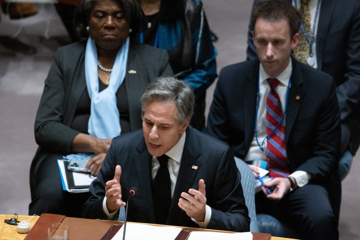 Secretary of State Antony J. Blinken participates in a UN Security Council ministerial meeting on Ukraine in New York City, New York, on February 24, 2023.