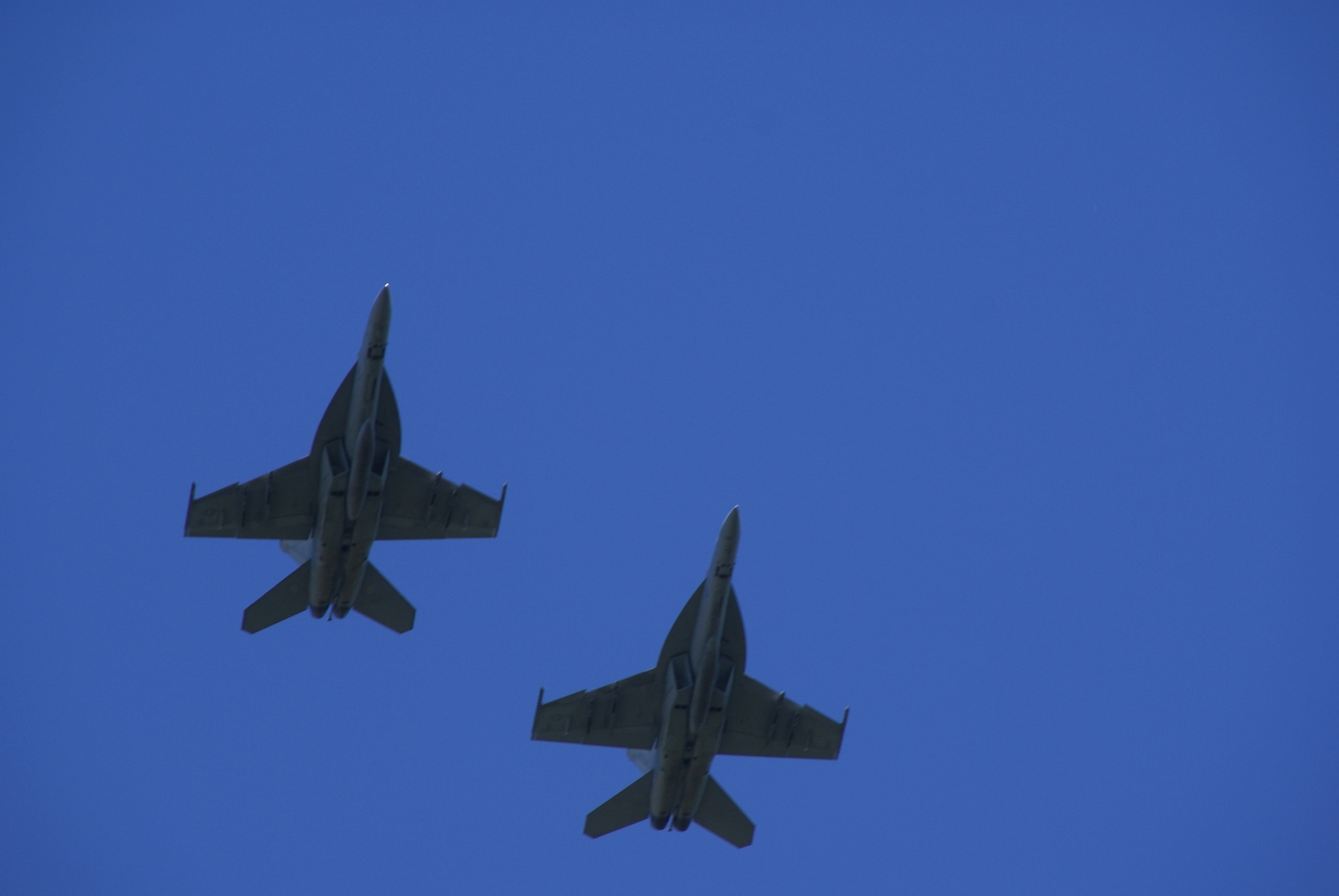 A pair of F/A-18 Hornets conduct a flyover during an Oct. 3, 2009, ceremony to dedicate the F/A-18 Hornet static display at Arnold Air Force Base, Tenn., in honor of Navy Lt. Cmdr. Frank Wittwer. Wittwer died Jan. 18, 2006, in a crash caused by aircraft mechanical failure during a nighttime training mission over California. He was preparing for deployment overseas. Wittwer was a 1994 graduate of the U.S. Naval Academy. (U.S. Air Force photo by Philip Lorenz III)
