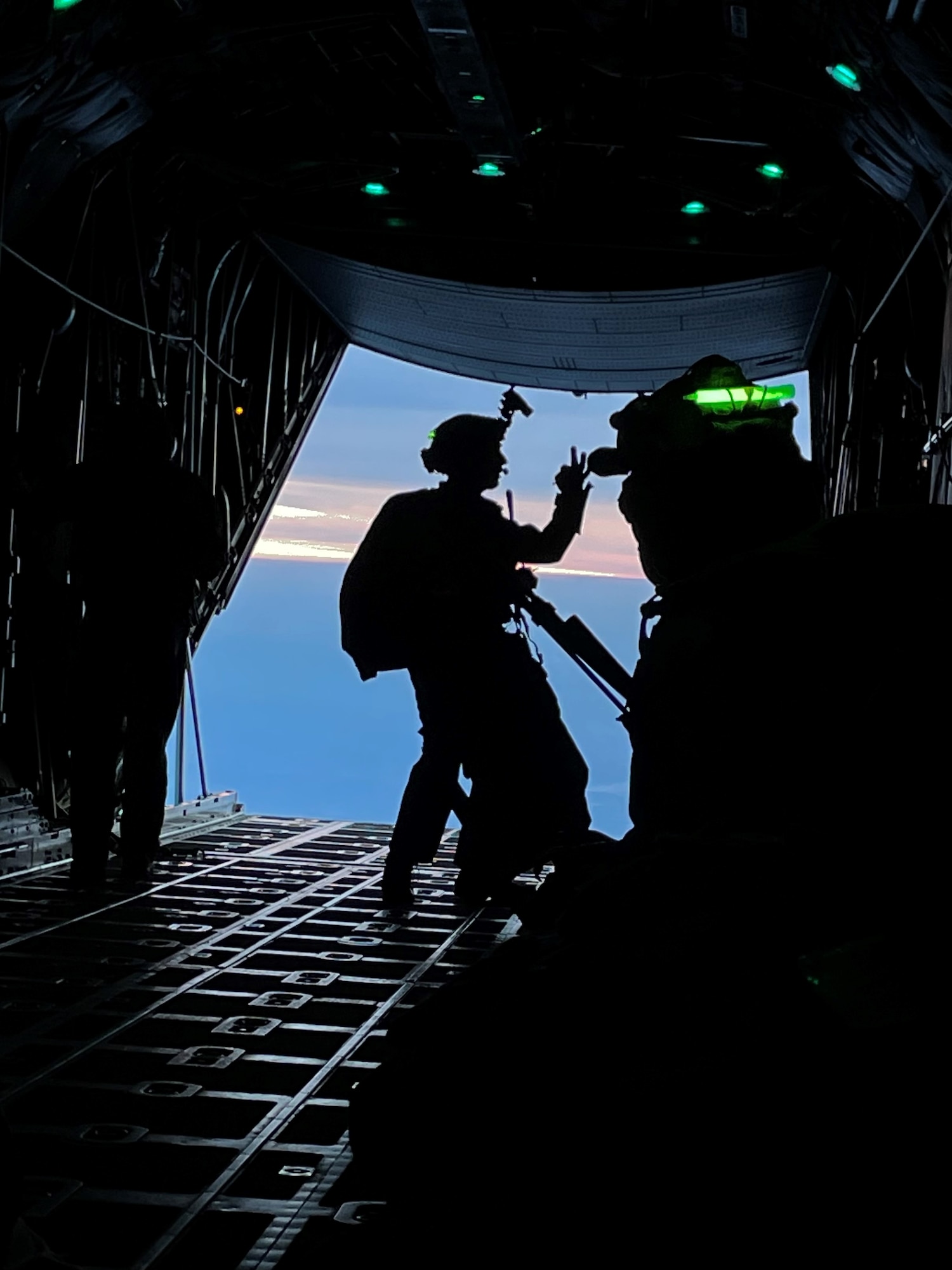 a person preparing to skydive stands in the open bay of an aircraft