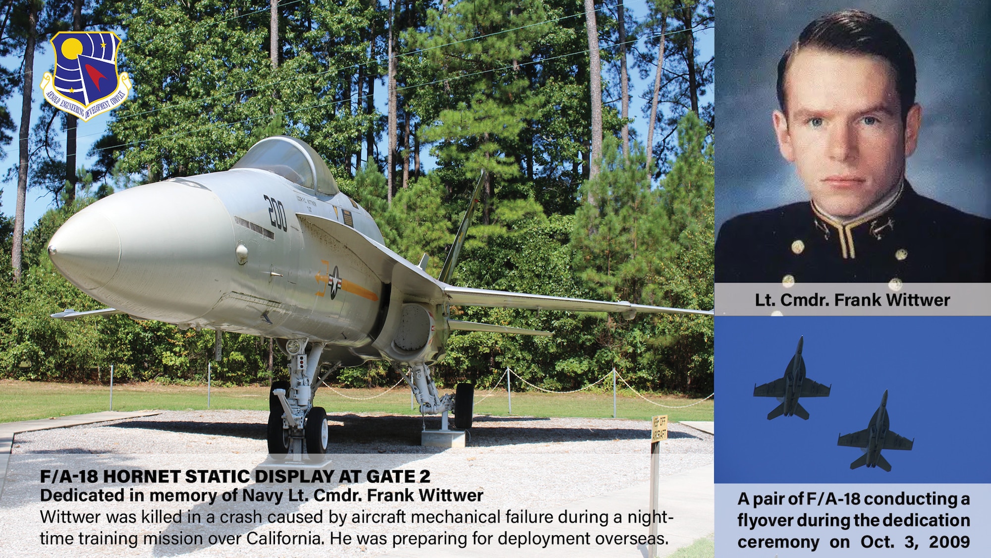 The static F/A-18 Hornet on display outside Gate 2 at Arnold Air Force Base, Tenn., is dedicated to Navy Lt. Cmdr. Frank Wittwer. He died Jan. 18, 2006, in a crash caused by aircraft mechanical failure during a nighttime training mission over California. He was preparing for deployment overseas. Wittwer was a 1994 graduate of the U.S. Naval Academy. He earned his undergraduate degree in systems engineering prior to beginning his active-duty career. (U.S. Air Force graphic by Brooke Brumley)