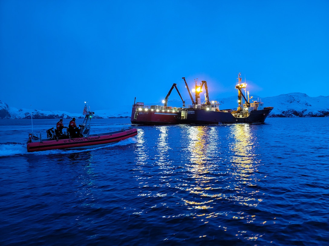 Coast Guard Cutter Alex Haley (WMEC 39) towed disabled fishing vessel Aleutian No. 1 more than 160 miles to safe harbor in Adak, Alaska, Jan. 1, 2024, after it experienced a loss of propulsion 575 miles southwest of Dutch Harbor, Alaska, and was unable to effect repairs.