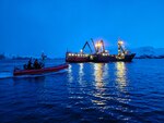 Coast Guard Cutter Alex Haley (WMEC 39) towed disabled fishing vessel Aleutian No. 1 more than 160 miles to safe harbor in Adak, Alaska, Jan. 1, 2024, after it experienced a loss of propulsion 575 miles southwest of Dutch Harbor, Alaska, and was unable to effect repairs.