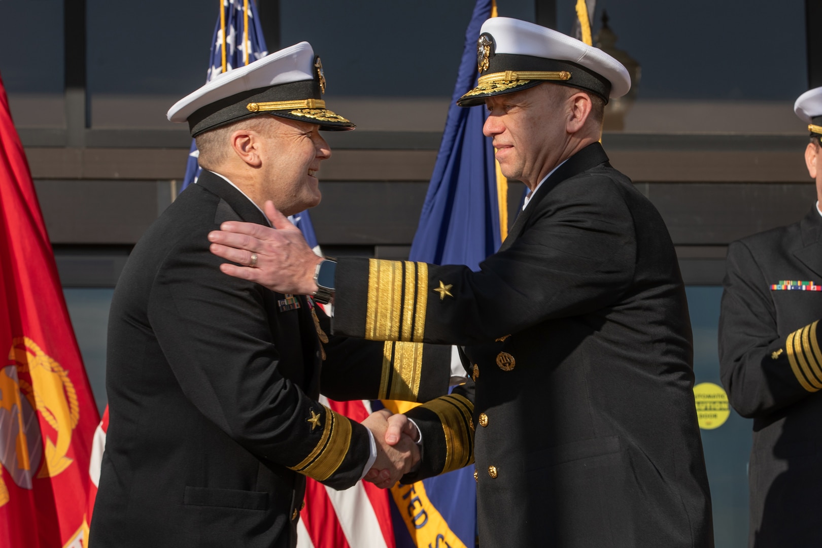 Vice Adm. James Downey assumed command from Rear Adm. Thomas  Anderson (L) during the Naval Sea Systems Command (NAVSEA) Change of Command ceremony which took place in Dahlgren Park at the Washington Navy Yard. (U.S. Navy photo by Laura Lakeway/RELEASED)