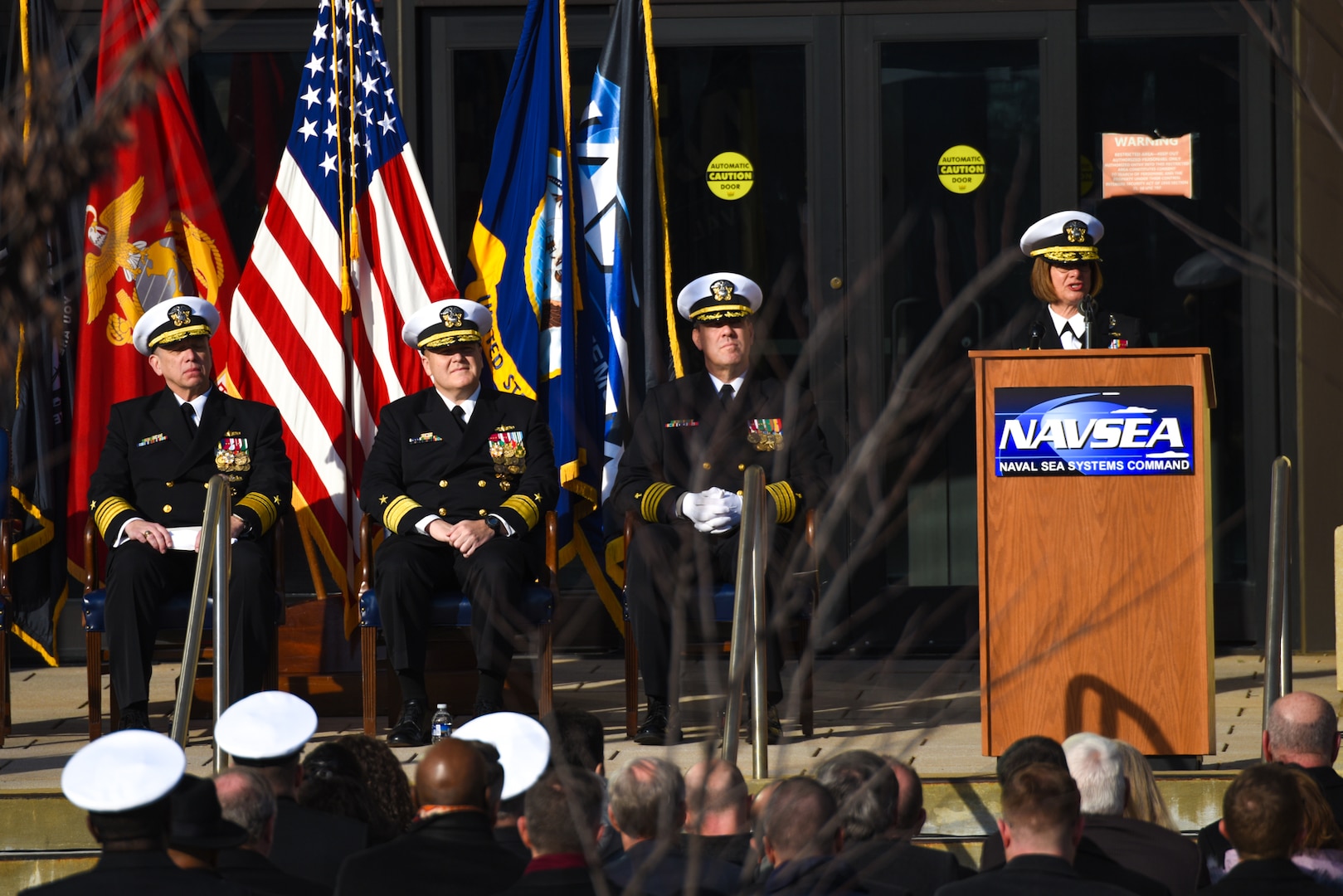 WASHINGTON -- Chief of Naval Operations Adm. Lisa Franchetti addresses the audience at the Naval Sea Systems Command change of command ceremony, held, Jan. 3 at the Washington Navy Yard. Vice Adm. James P. Downey assumed the duties as NAVSEA Commander from Rear Adm. Thomas Anderson. (Official USN Photo by Laura Lakeway/RELEASED).