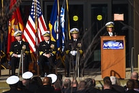 WASHINGTON -- Chief of Naval Operations Adm. Lisa Franchetti addresses the audience at the Naval Sea Systems Command change of command ceremony, held, Jan. 3 at the Washington Navy Yard. Vice Adm. James P. Downey assumed the duties as NAVSEA Commander from Rear Adm. Thomas Anderson. (Official USN Photo by Laura Lakeway/RELEASED).