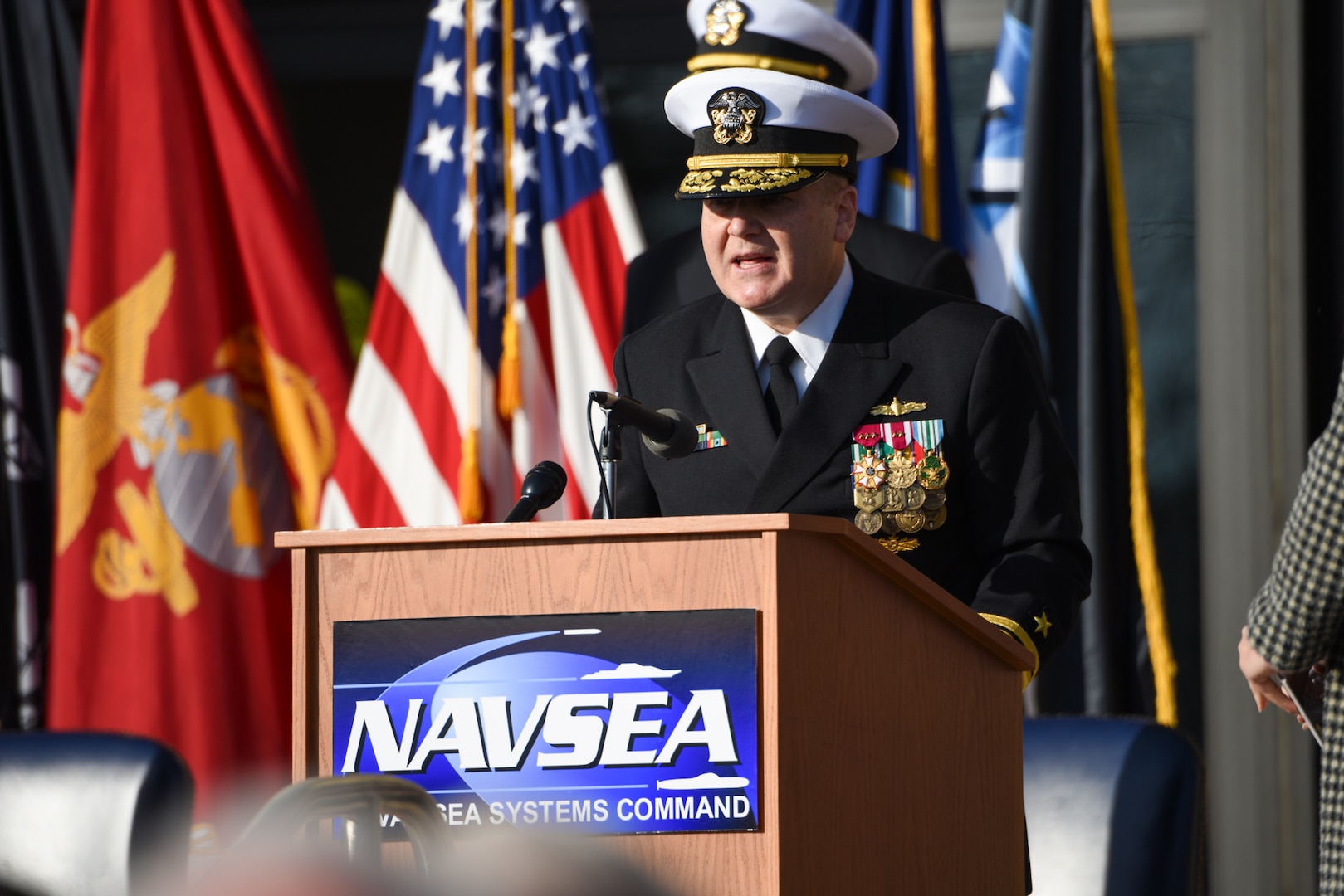 WASHINGTON -- Rear Adm. Thomas Anderson addresses the audience during the Naval Sea Systems Command change of command ceremony, held Jan. 3 at the Washington Navy Year. Vice Adm. James P. Downey assumed command from Anderson at NAVSEA's 46th commander. (Official US Navy photo by Laura Lakeway/RELEASED).