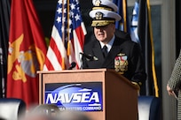 WASHINGTON -- Rear Adm. Thomas Anderson addresses the audience during the Naval Sea Systems Command change of command ceremony, held Jan. 3 at the Washington Navy Year. Vice Adm. James P. Downey assumed command from Anderson at NAVSEA's 46th commander. (Official US Navy photo by Laura Lakeway/RELEASED).