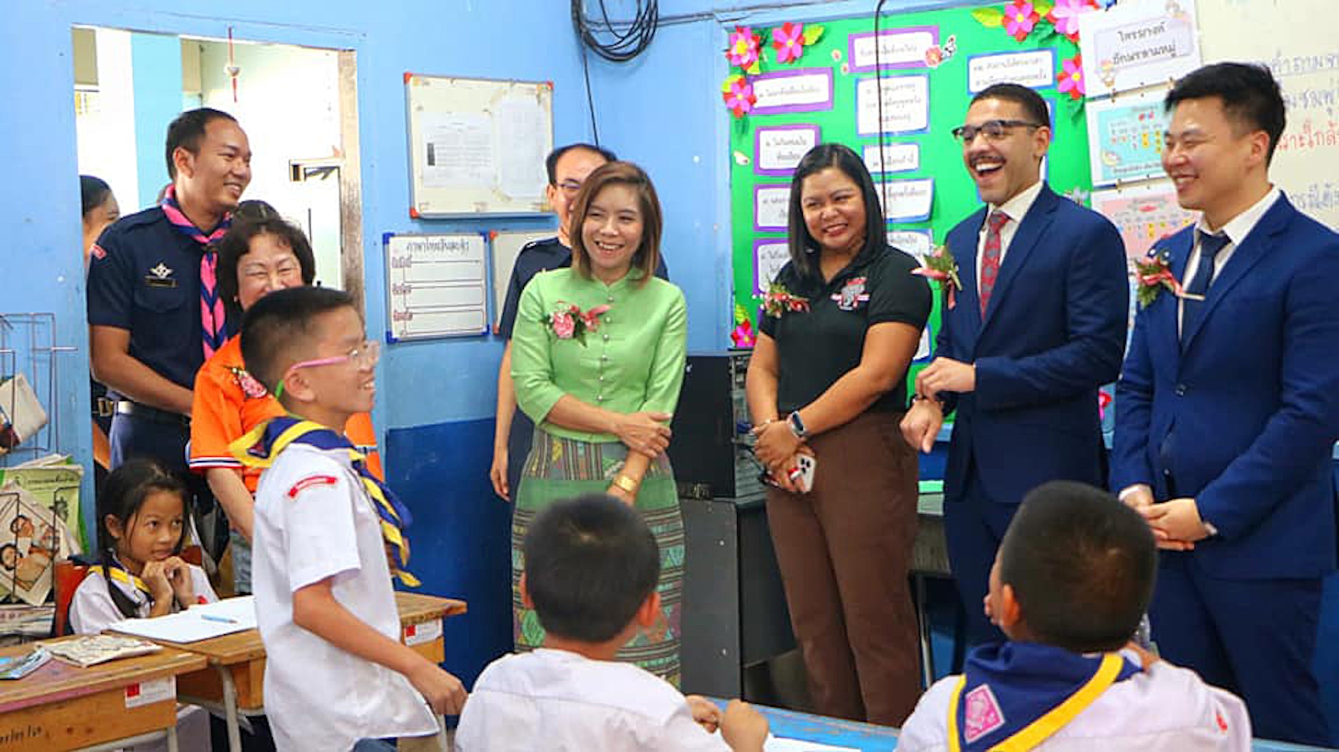 A student at Wat Suan Dok School, Chiang Mai Province, Thailand, showcases his English proficiency skills by talking with members of the U.S. Special Operations Command Pacific Civil Affairs Team-Thailand, right, along with Mrs. Hathairat Chansri, deputy director of Chiang Mai Primary Educational Service Area Office 1, during a donation ceremony Nov. 29, 2023. The donation project coordinated by the Civil Affairs team is dedicated to supplying essential school materials to include desktop computers to support the Ministry of Education’s initiative to enhance distance learning in school. “Thank you for focusing on our children and youth,” said Chansri. “The media, materials, and educational equipment provided opens them up the world of learning.” U.S. Civil Affairs teams partner with communities around the world to increase stability, enable local governments, and improve quality of life for civilians.