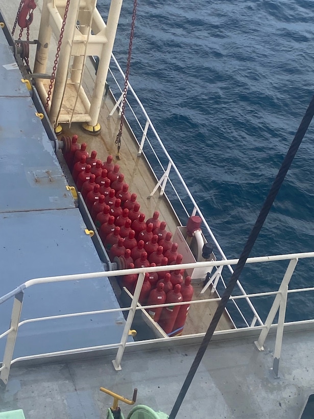 Empty CO2 bottles are safely stowed on the deck of M/V Genius Star XI awaiting offload, Jan. 3, 2024. The Unified Command, consisting of the Coast Guard Captain of the Port, Gallagher Marine Systems, and the Alaska Department of Environmental Conservation, continues to work closely to coordinate response efforts on this incident. Courtesy photo.