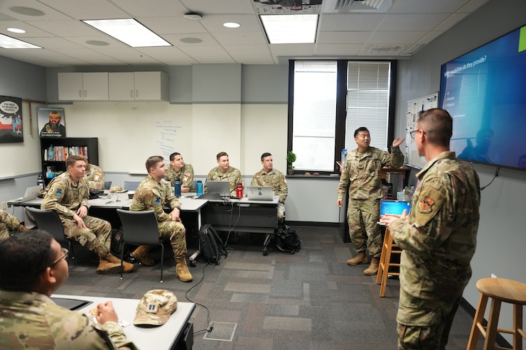 Capt. Jacob Song conducts a class briefing during his SPEAR experience at Air University's Squadron Officer School December 8, 2023. The SPEAR track for Space Force members follows similar basic outlines as the Air Force-specific SOS course with specialized consideration for space to best form the upcoming Space
Force leaders. (U.S. Air Force photo by Billy Blankenship)