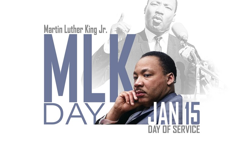 An illustration featuring two portraits of Dr. Martin Luther King, Jr., and highlighting the date Jan. 15 and the words Day of Service.