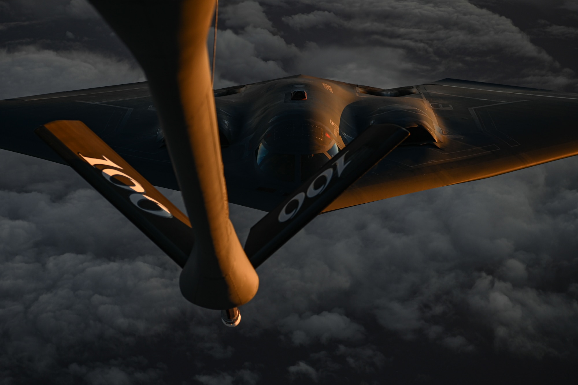 A U.S. Air Force B-2 Spirit Bomber from the 509th Bomb Wing, Whiteman Air Force Base, Mo., approaches a KC-135 Stratotanker from 100th Air Refueling Wing, Royal Air Force Mildenhall, England, to receive fuel over the North Sea, Dec. 13