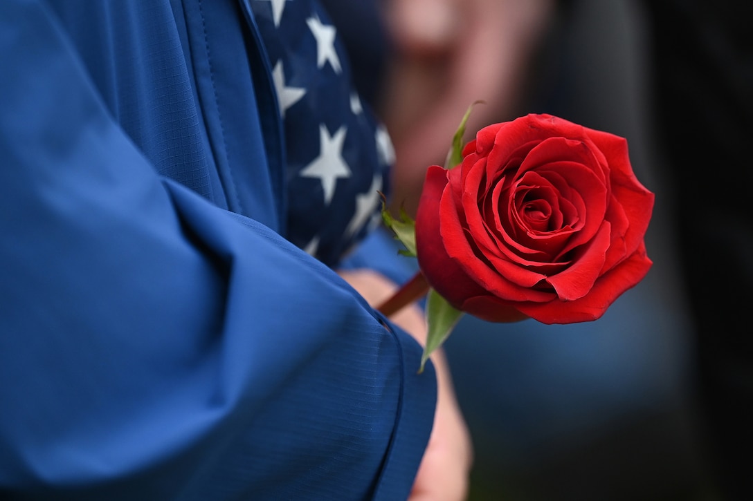 Close-up view of a person holding a rose and a folded American flag.